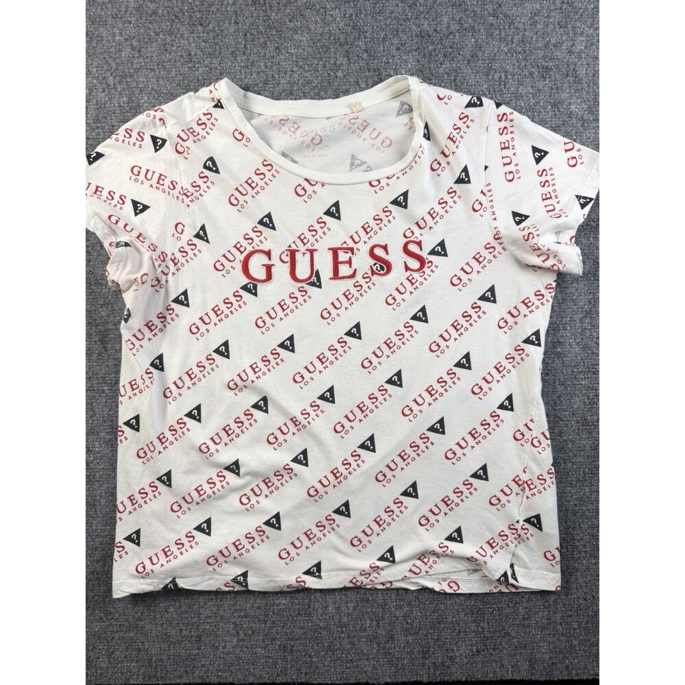 GUESS Los Angeles Womens L T Shirt All Over Logo Print Embroidered White 18487x